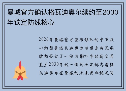 曼城官方确认格瓦迪奥尔续约至2030年锁定防线核心