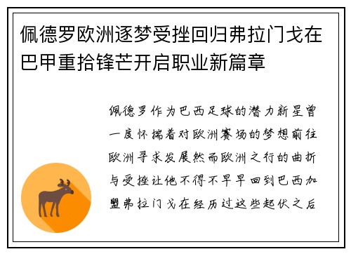 佩德罗欧洲逐梦受挫回归弗拉门戈在巴甲重拾锋芒开启职业新篇章