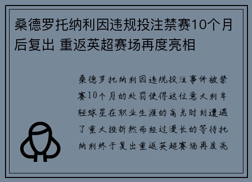 桑德罗托纳利因违规投注禁赛10个月后复出 重返英超赛场再度亮相